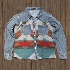 Blue B Aztec Western Distressed Denim Blanket Jacket Cotton Wool Blend Size S
